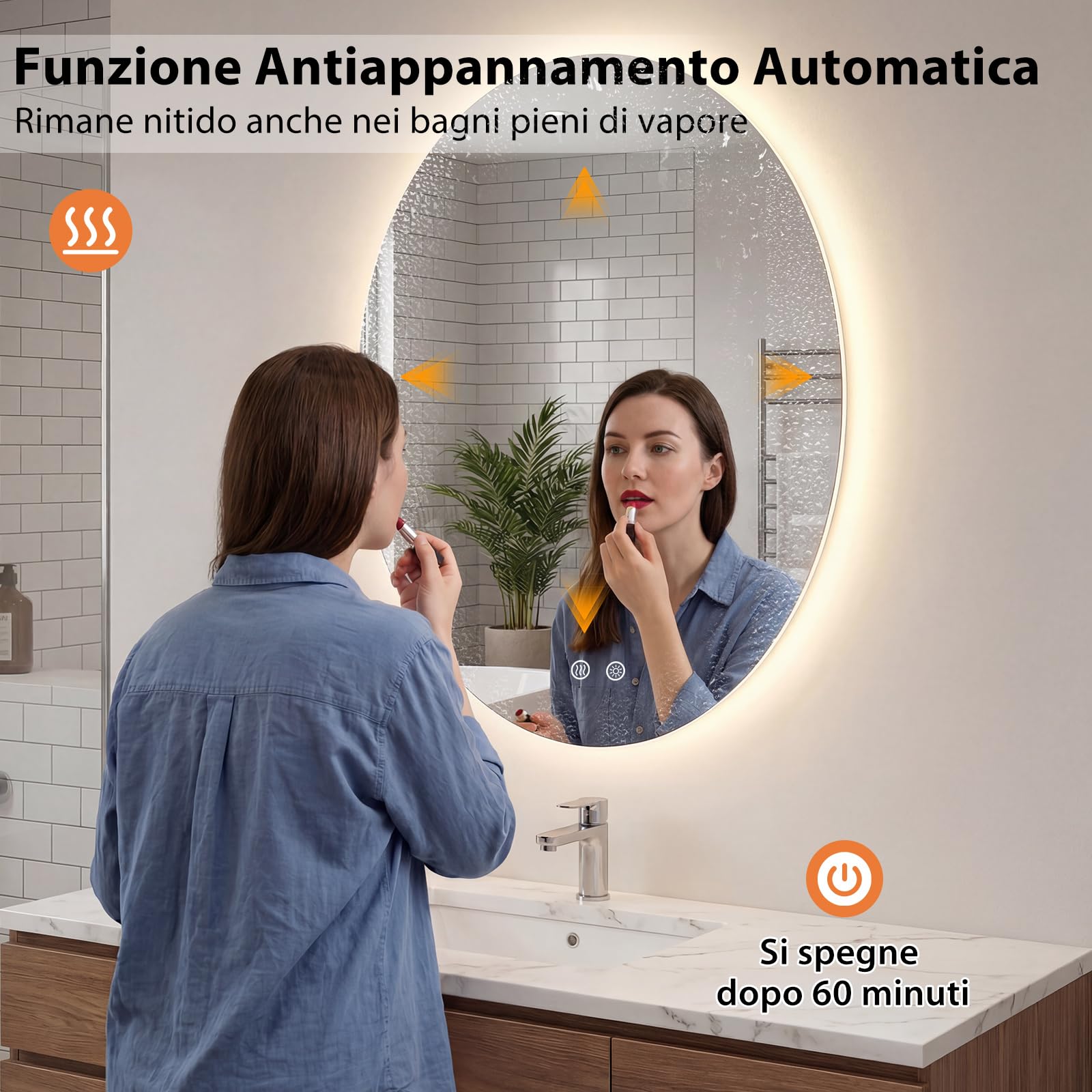 COSTWAY Specchio da Bagno Ovale 70 x 50 cm, Specchio Retroilluminato Bagno con Luce, Antiappannamento, 3 Colori di Luce Dimmerabili, Funzione Memoria e Vetro Temperato Infrangibile per Ingresso, IP44