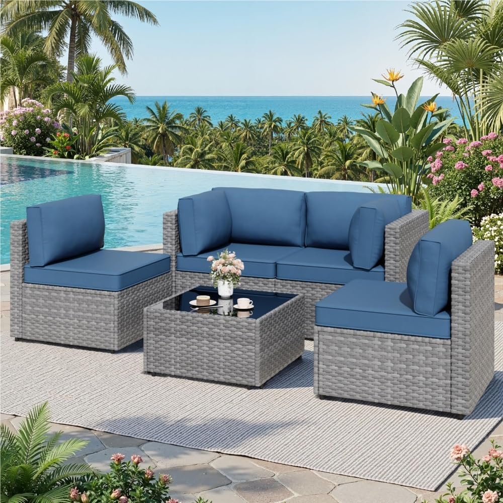 6-Piece Outdoor Patio Furniture with 43'' Propane Gas Fire Pit Table Wicker Outdoor Conversation Set Sectional Sofa for Backyard Poolside Garden(Silver)
