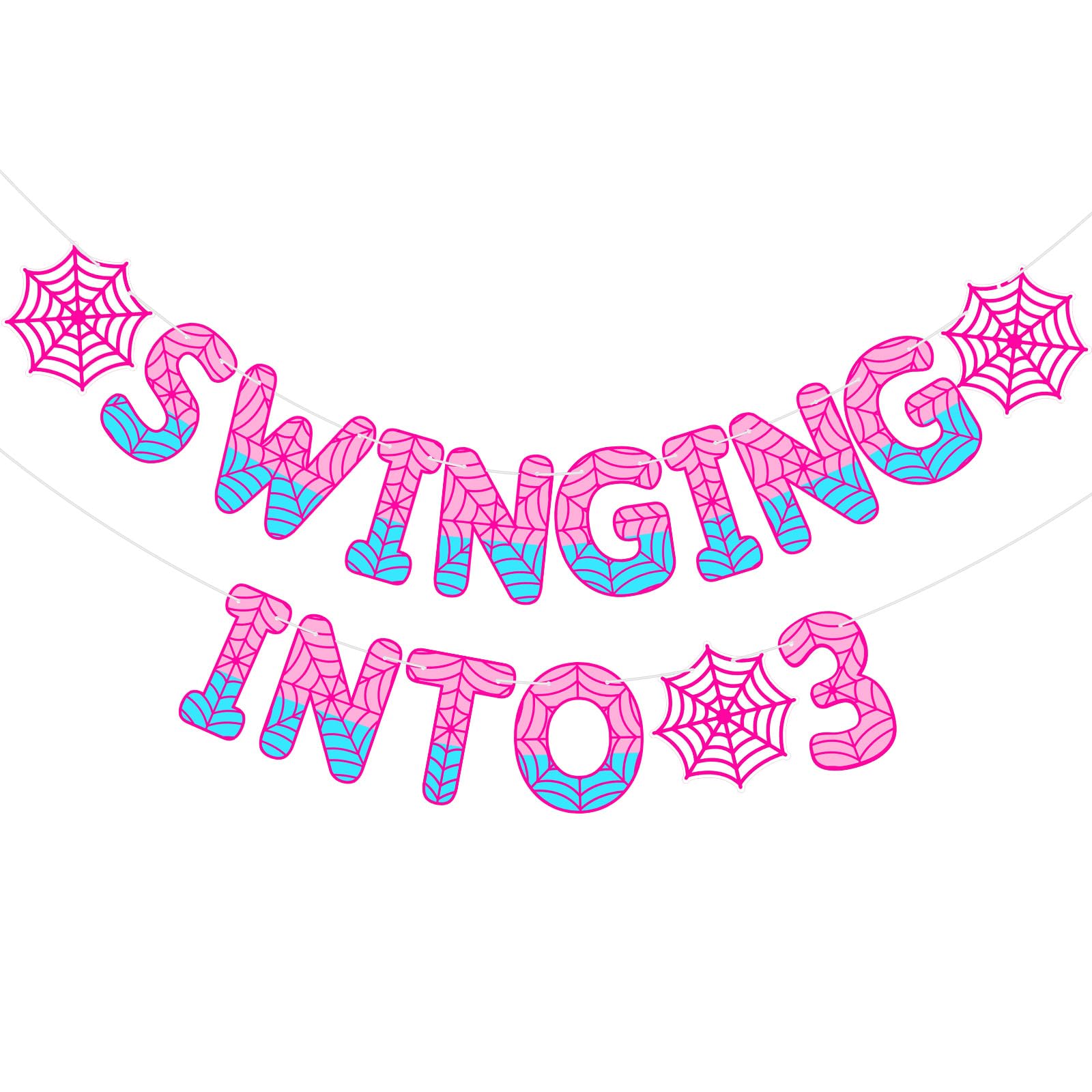 TaoBary Spider Theme 3rd Birthday Banner Swinging into 3,Pink and Blue — image 1