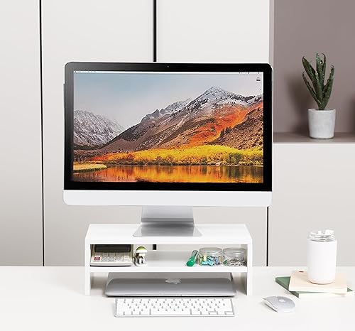 Soporte elevador de monitor blanco, soporte de escritorio de madera para PCTVportátilimpresora, elevador de monitor blanco con almacenamiento,