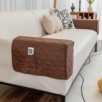 Sofa Armrest Cover, Water Resistant Couch Arm Covers Recliner Caddy with 2 Pockets for TV Remote, Pad, Pen, Book, Non-Slip Armchair Slipcovers Protector Cover 4PC,Coffee