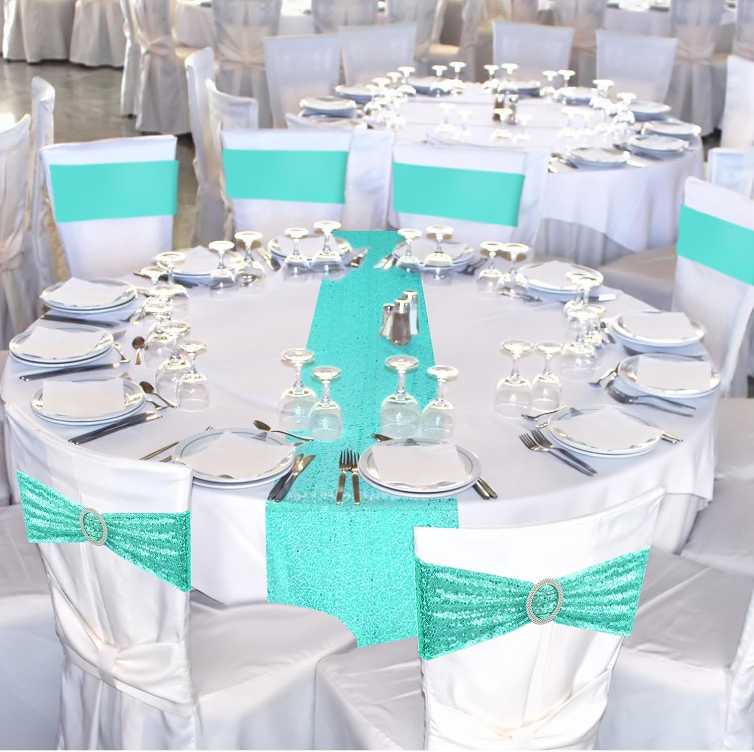 Newwiee 54 Pcs Light Blue Sequin Chair Sashes and Table Runners, 48 Sequin Chair Bows, 6 Glitter Table Runners for Birthday Party Wedding Banquet Holiday Decorations