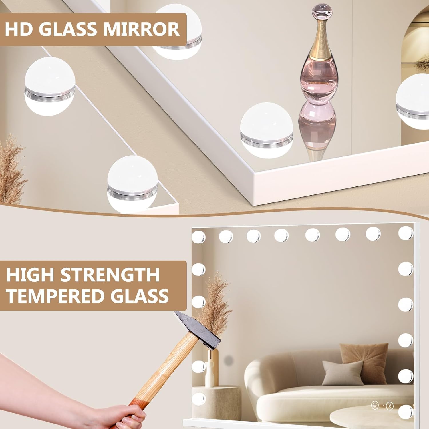 Fenair Vanity Mirror with Lights: 32''x24'' Large Lighted Makeup Mirror with Bluetooth Speaker Hollywood Mirror with 18 Dimmable Bulbs, 3 Light Colors, USB Charge Port, Big Mirror for Table/Hanging