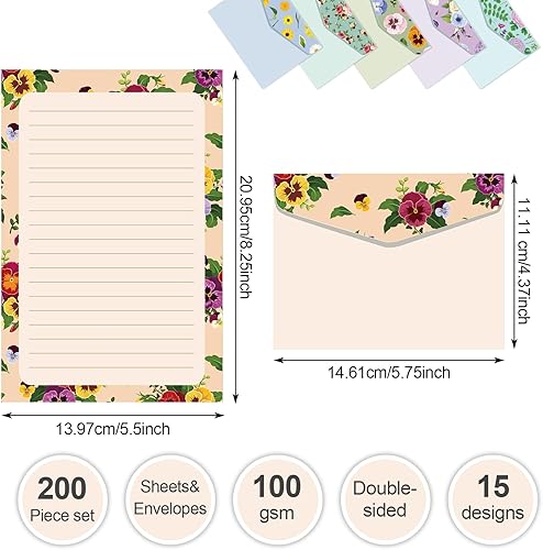 Miniatura 2 de Geyee 200 piezas de papel de papelería de acuarela y sobres que incluyen 100 hojas rayadas y sobres, papel de escritura de impresión de doble cara