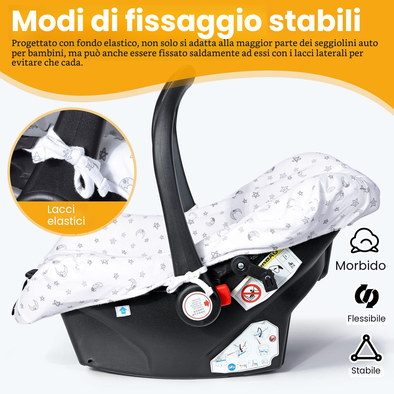 Orzbow Copri Ovetto Neonato Universale, Traspirante Copri Seggiolino Auto Universale, Cotone Fodera Estiva Ovetto, Lavabile in Lavatrice, Morbido e Confortevole, Elasticizzato (Stelle Bianche e Lune)