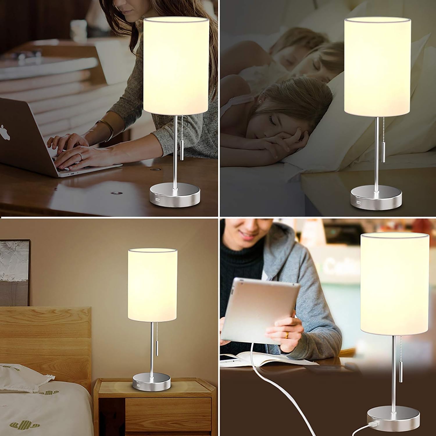 DEEPLITE Small Table Lamp, Bedside Lamp with USB Port, Simple Designed Modern Lamps for Bedrooms Living Room Office Nightstand Side/End Table, Brushed Nickel Metal Base, White Lampshade (Set of 2)