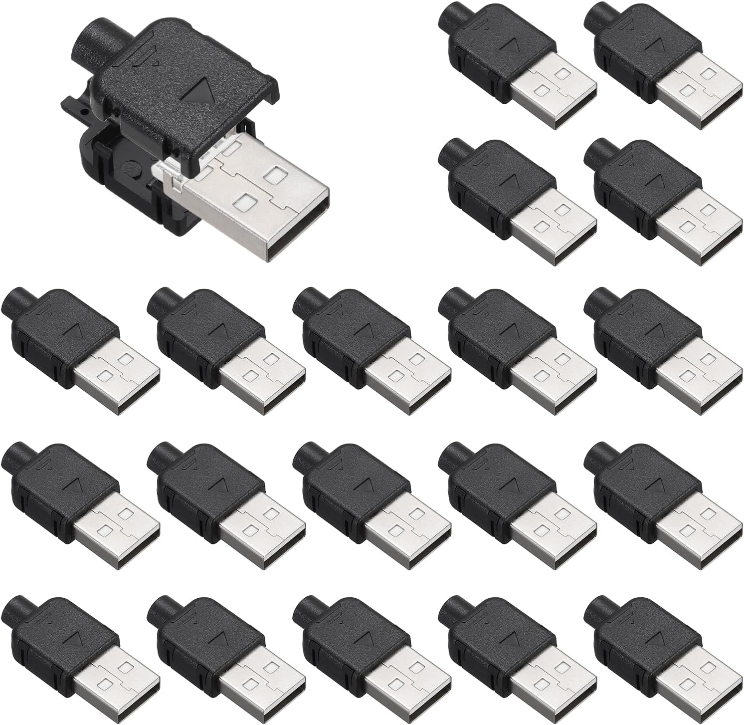 20Pcs USB 2.0 Type A Male Plug Connector, 4 Pin Solder Terminal with 3mm Cable Hole for DIY Cable Repair Kit, Power Supply, Microcontroller Project, Black, 33x16mm