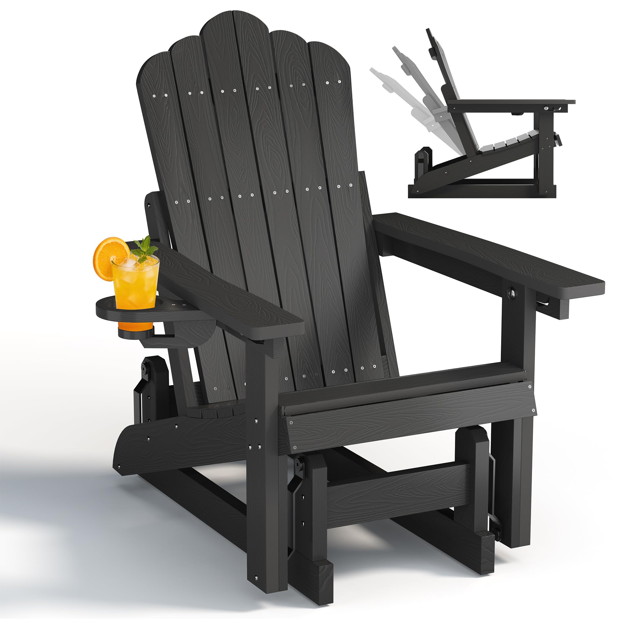 Sedia a dondolo Adirondack con schienale regolabile,sedia a dondolo per patio in simil-legno resistente alle intemperie con portabicchieri, meccanismo di oscillazione fluido,capacità di peso 200 kg