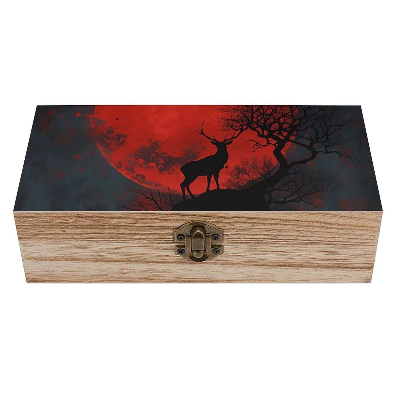 SMAZDFXX Red Moon Elk Silhouette Wooden Storage Box Multipurpose Decorative Box for Jewelry Photo Home Decor