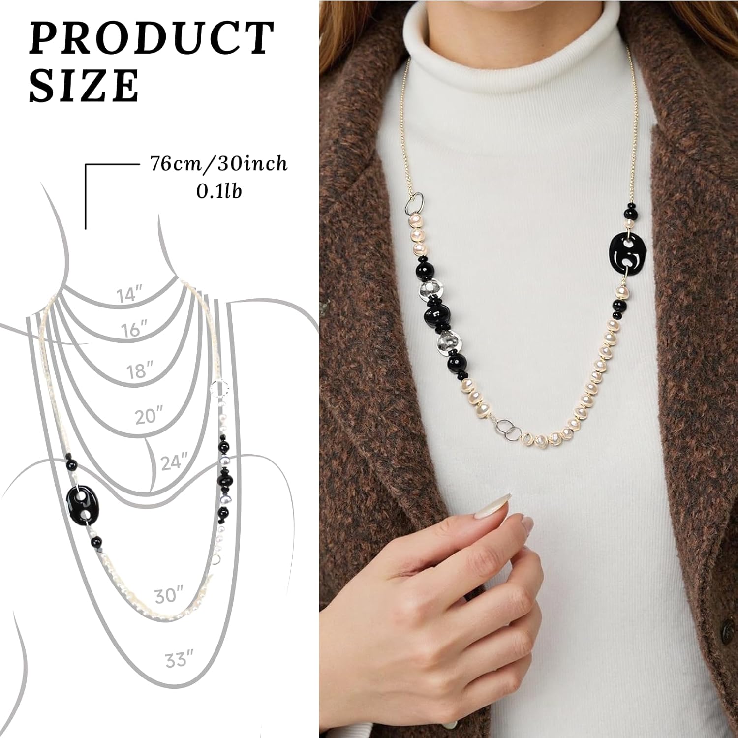 Handmade black agate and classic white freshwater pearl necklace. Textured silver loops and beads. 30" strand. Mothers Day - Gift for Mother, Wife, Anniversary Luxury Jewelry Gift