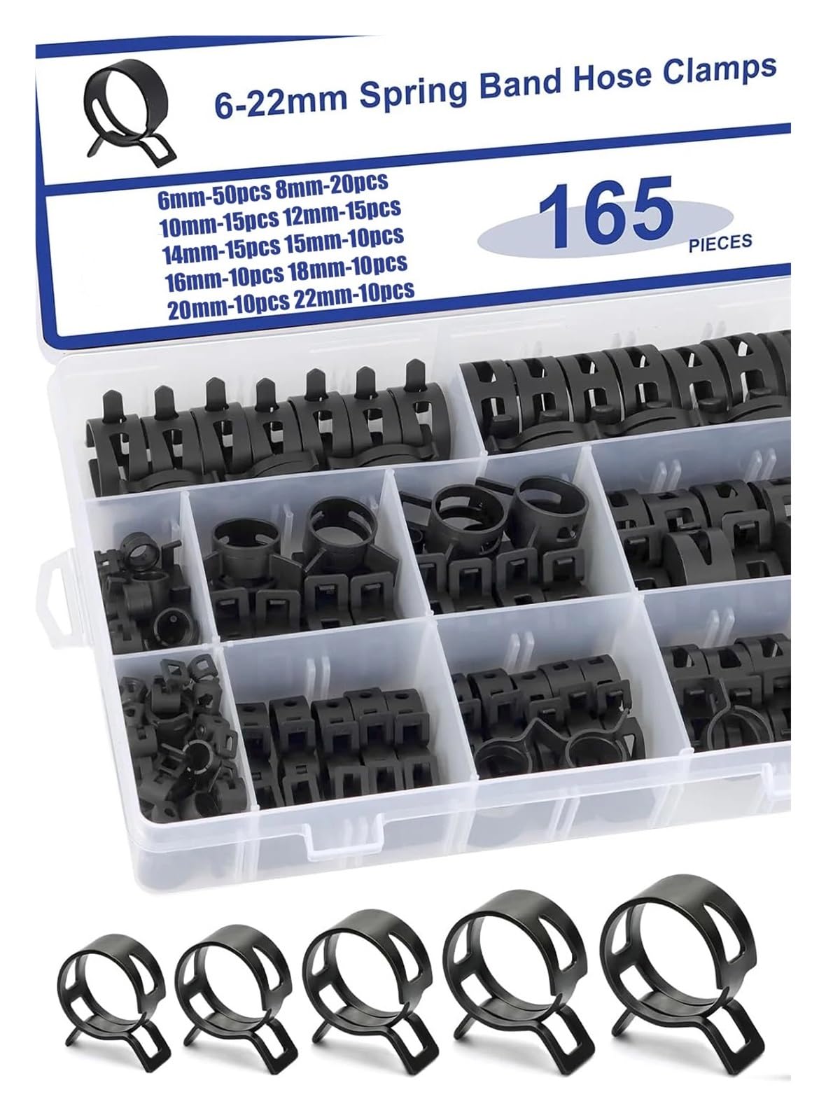 165 Uds 6-22mm Negro Resorte De Vacío Combustible Aceite Manguera Agua Clip Tubo for Abrazadera Banda Sujetador Metal Surtido