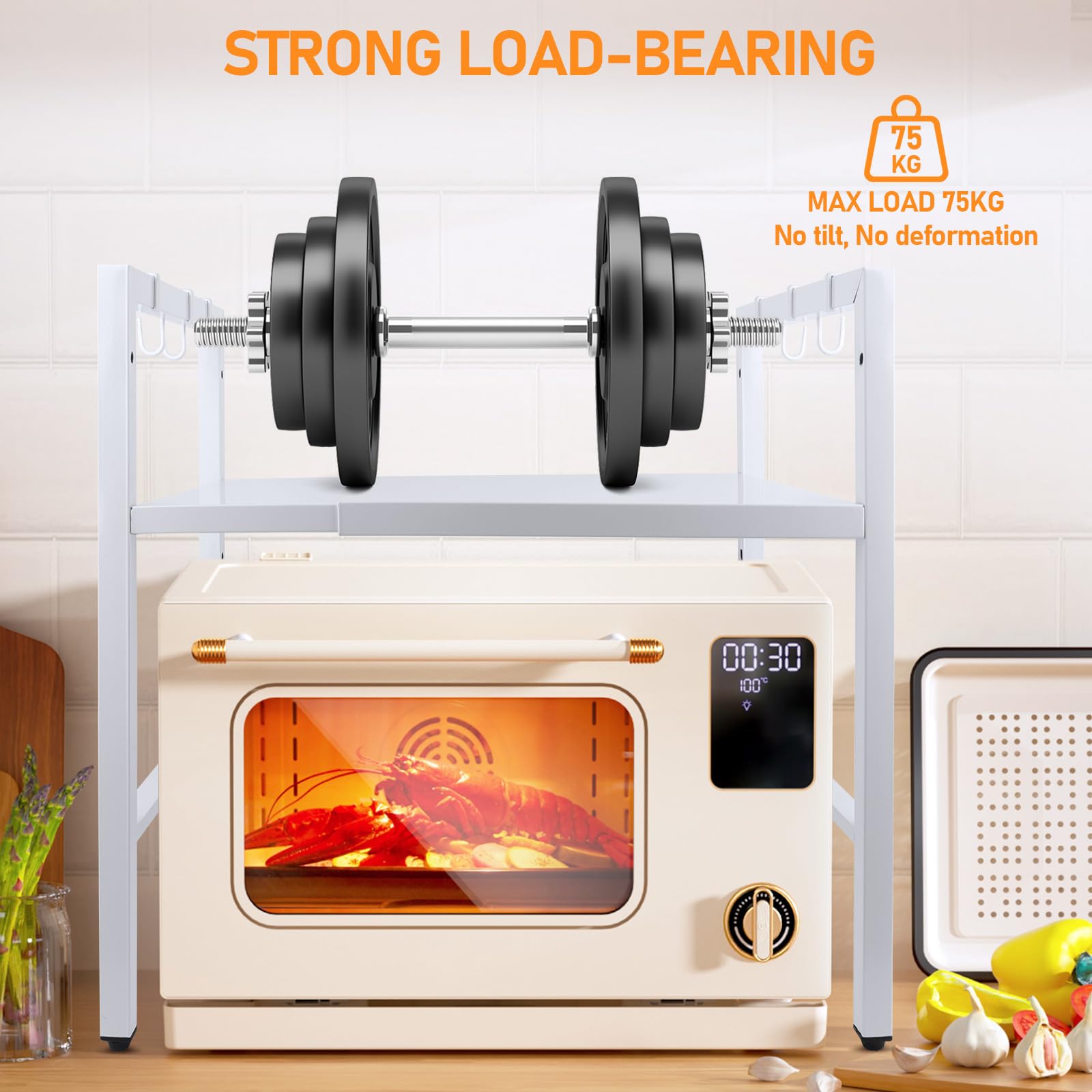 MXTIMWAN Ripiano Espandibile per Microonde, Mensola Microonde Estensibile, Supporto Estensibile per Forno a Microonde 2 Livelli, Supporto per Microonde con 6 Ganci, 40-64cm