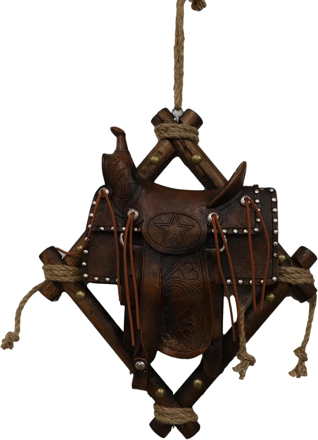 Ebros Gift Large Farm Country Rustic Horse Saddle in Faux Tooled Leather Finish Decorative Wind Chime Garden Patio As Farmland Western Hanging Mobile Figurine for Cowboys Cowgirls Country Horses