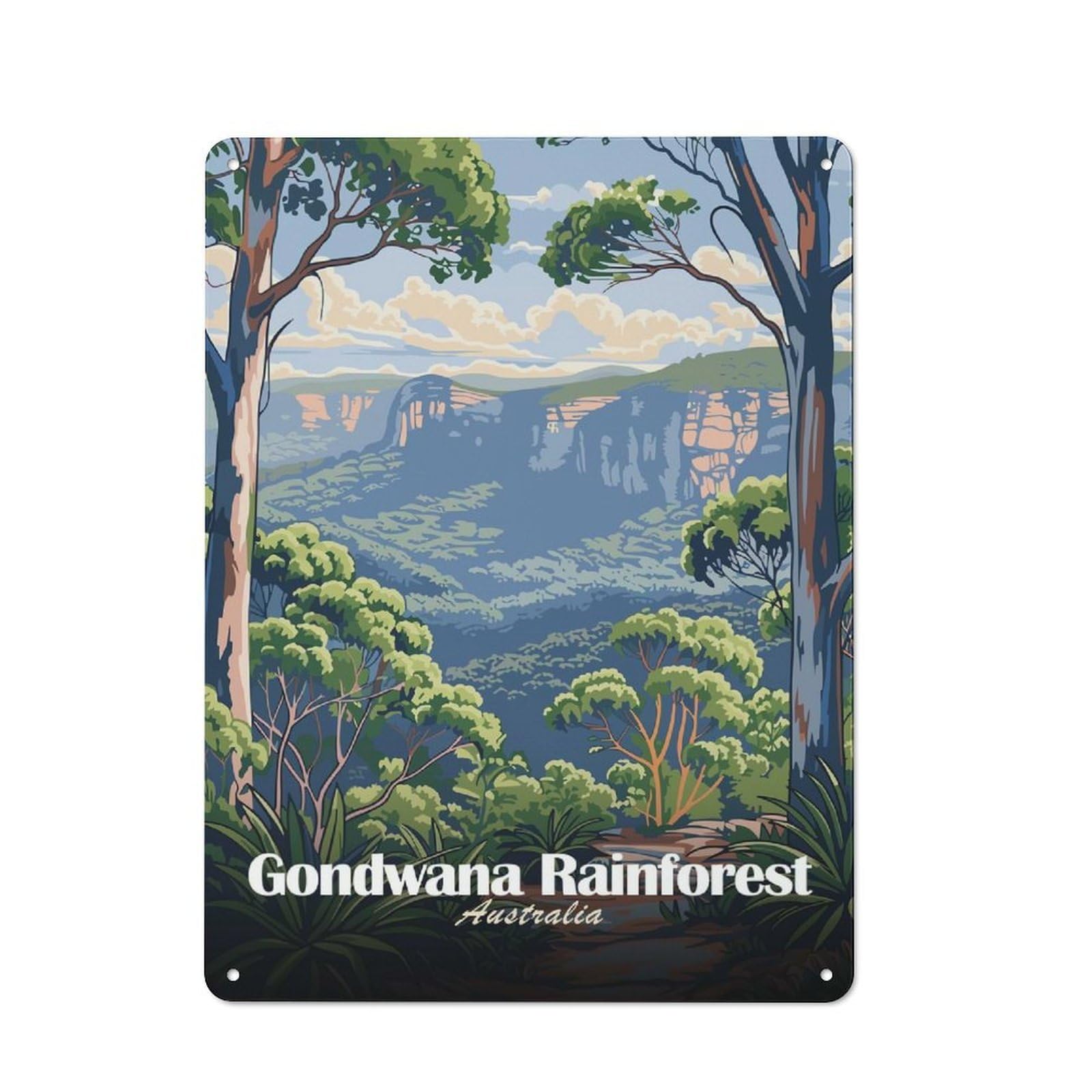 Junmoney Style-1 Tin Wall Plaque 40X30cm With Gondwana Rainforest Australia Landscape Art For Guest Room Or Hallway, For Garage, Workshop And Man Cave Decoration