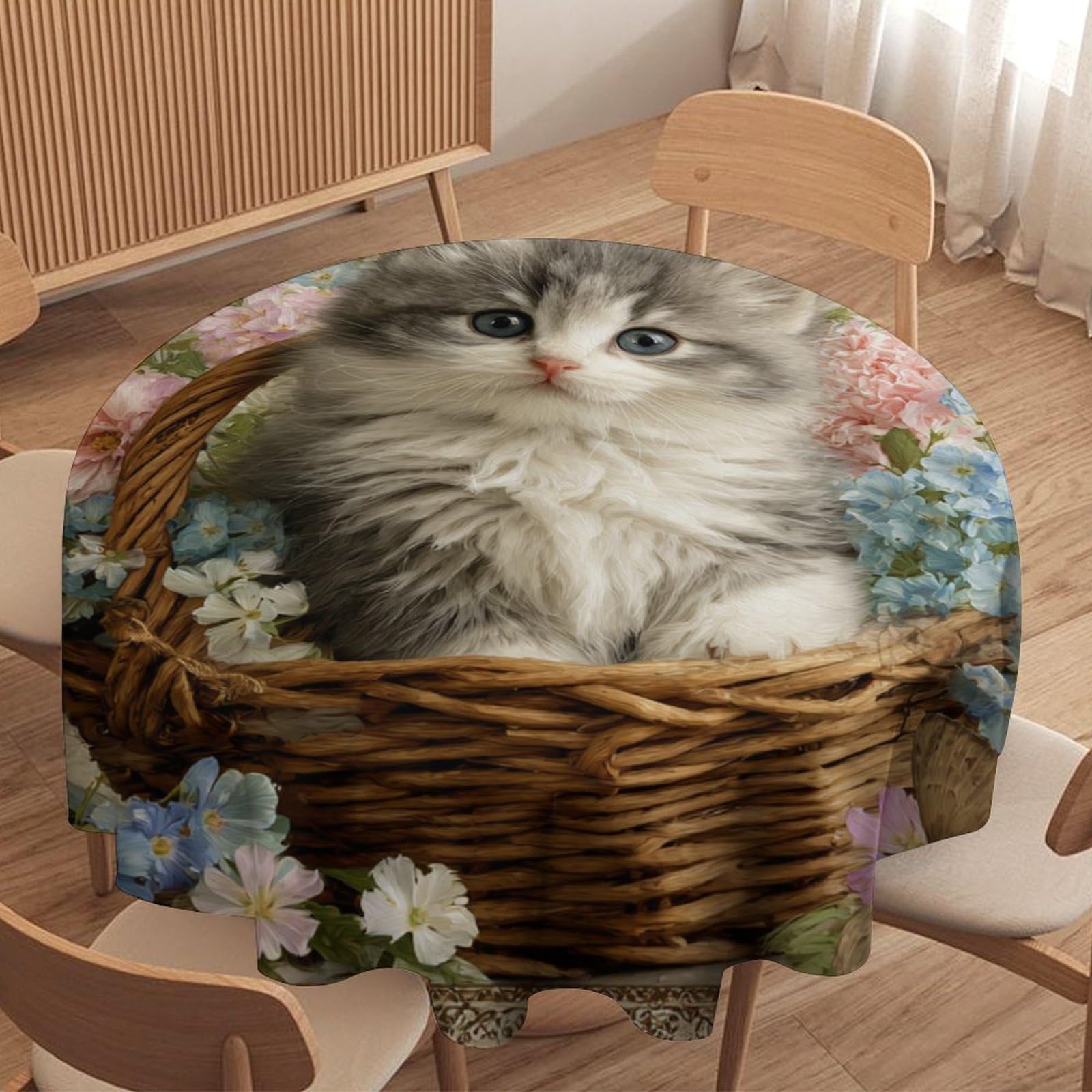 LUYYSKY Funny Realistic Cute Cats Round Tablecloth Retro Oil Painting Plant Daisies Flowers Animals Kittens Butterflies Washable Decor for Table Cover for Kitchen-177.8" Wx177.8 L cm