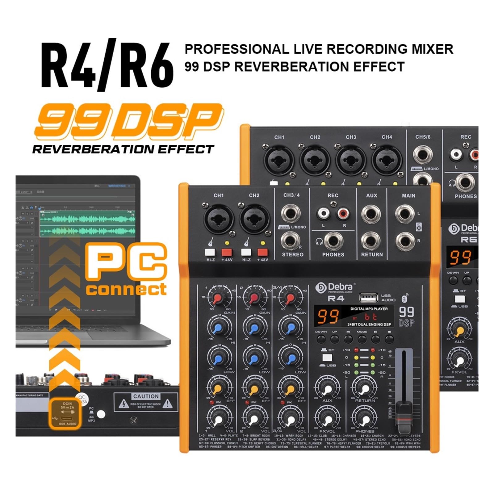 Mikser audio, OTG Metalowy Mikser DJ Konsola Mini4 Z Bluetooth 48V Power Delay Repaeat Efekt Do Miksowania Dźwięku Nagrywania PC Do studia karaoke(R4 4 Channel)
