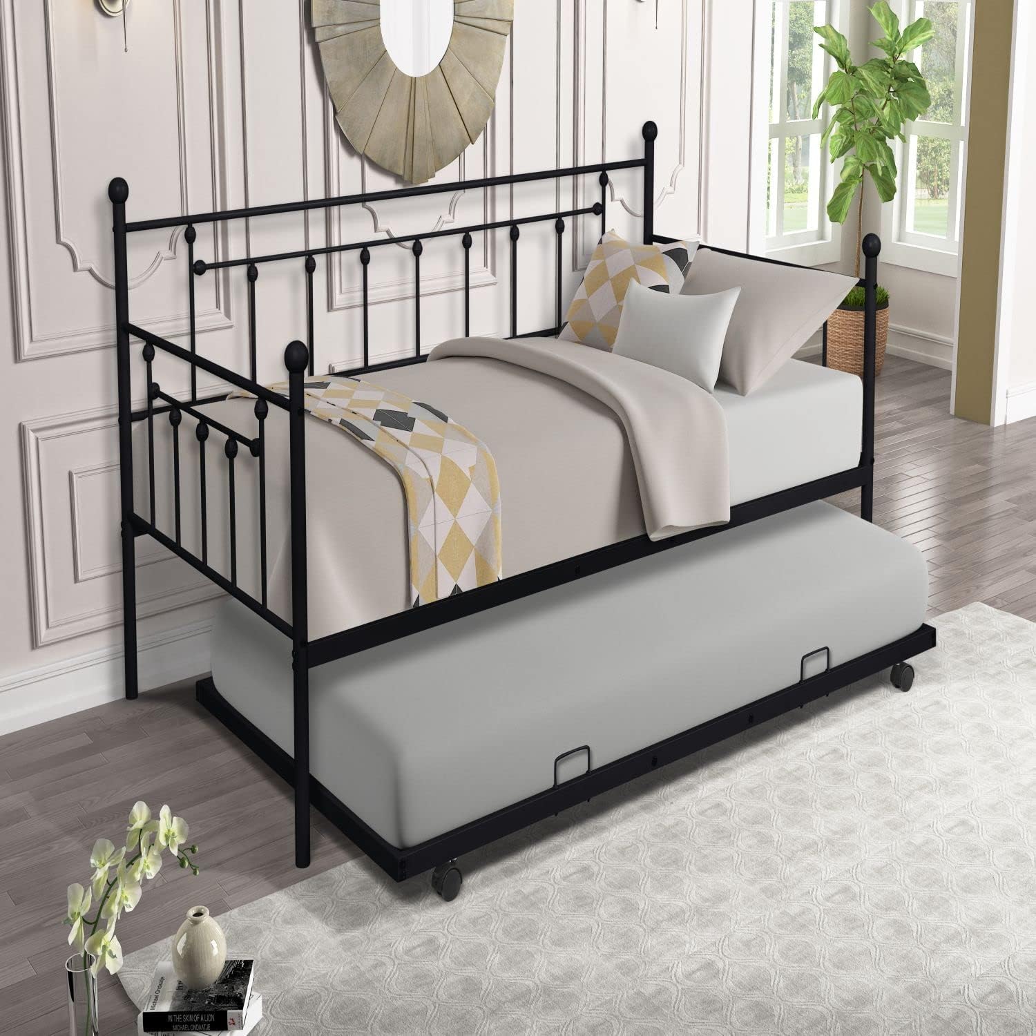 Twin Size Daybed and Trundle Frame Set, Metal Frame with Pull Out Trundle for Teens and Adults, for Living Room, Guest Room (Light Grey)