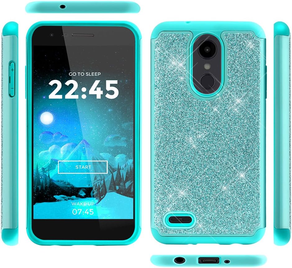 TJS Phone Case Compatible with LG Aristo 2/Aristo 2 Plus/Aristo 3/Aristo 3 Plus/Tribute Dynasty/Fortune 2/Rebel 3 LTE [Full Coverage Tempered Glass Screen Protector] Glitter Girls Women (Teal)