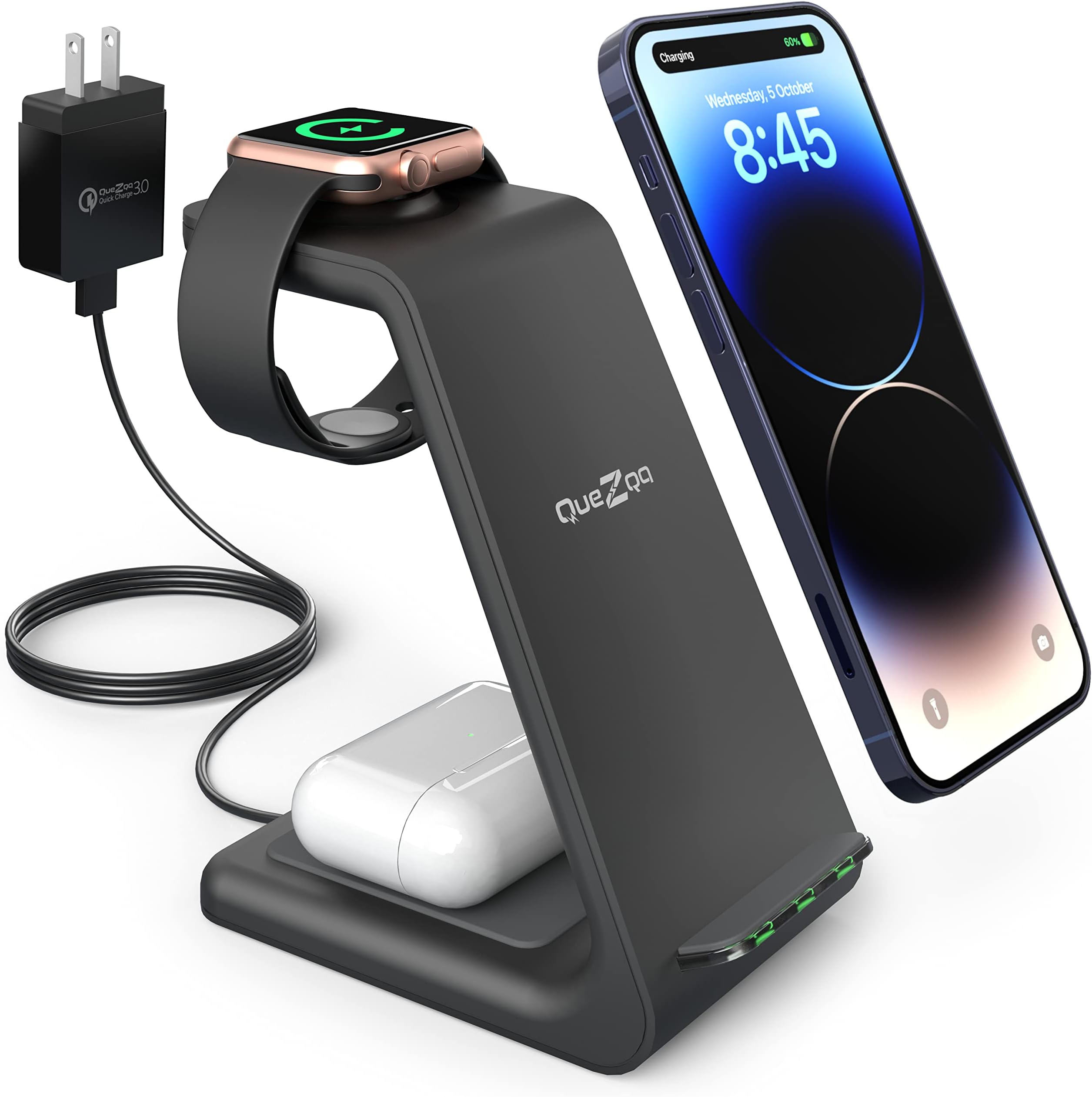 Wireless Charging Stand - Fast Wireless Charger - 3 in 1 Charging Station for Apple AirPods Pro 3 2 Apple Watch Ultra 8 7 SE 6 5 4 iPhone 14 Pro Max 14 Plus 13 12 11 Pro Max with QC3.0 Adapter