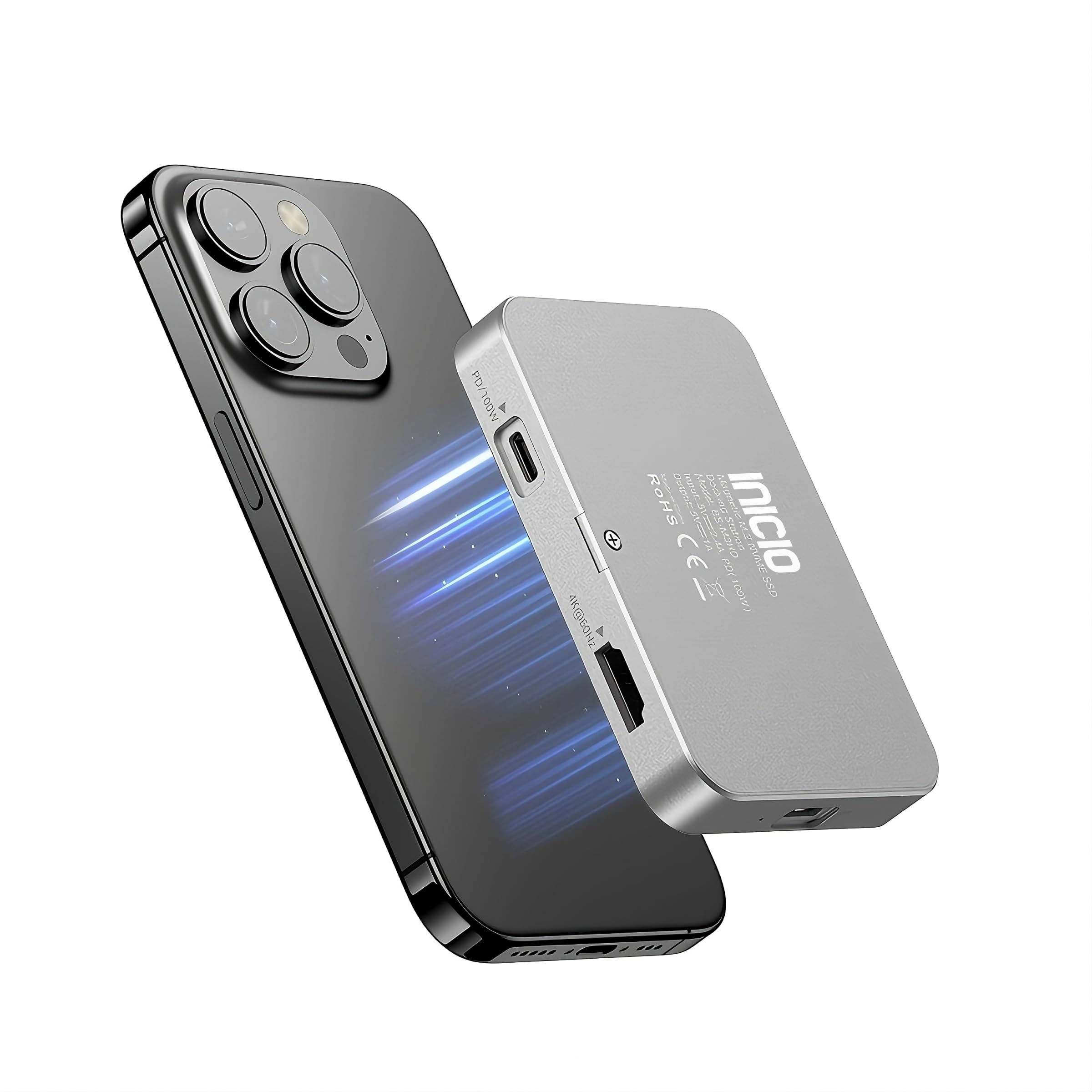 INICIO 10Gbps Magnetic M.2 NVMe MagSafe SSD Enclosure & USB C 100W PD HDMI Hub for iPhone 17 16 15 Pro Max ProRes MacBook iPad Pro S25 Android, Support SSD Size 2230/2242/2260/2280 B+M M-Key-image-21