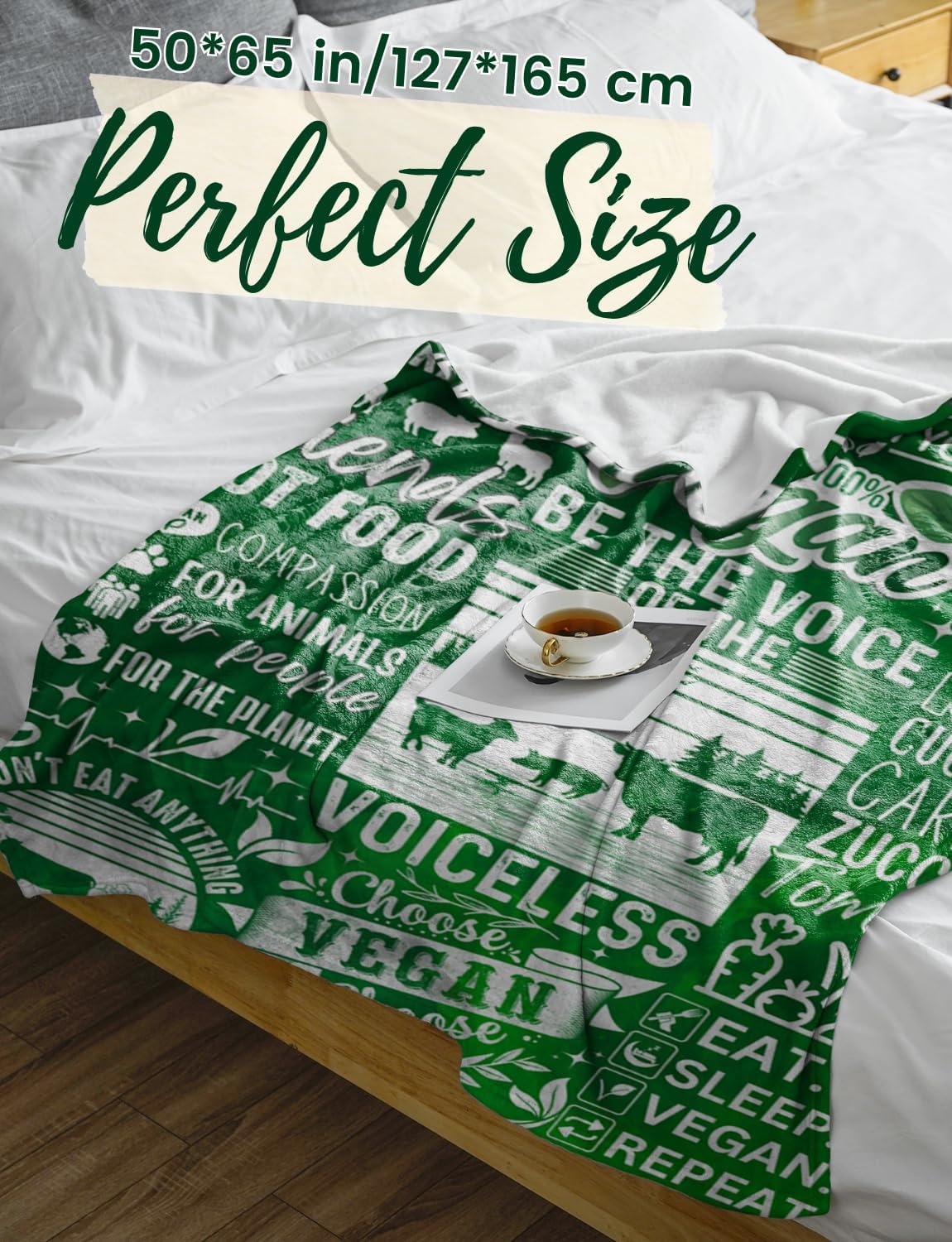 Huglanket Vegan Gifts for Women - 100% Vegan Flannel Throw Blanket (50"x 65") - Birthday, Christmas, Thanksgiving Presents - Green