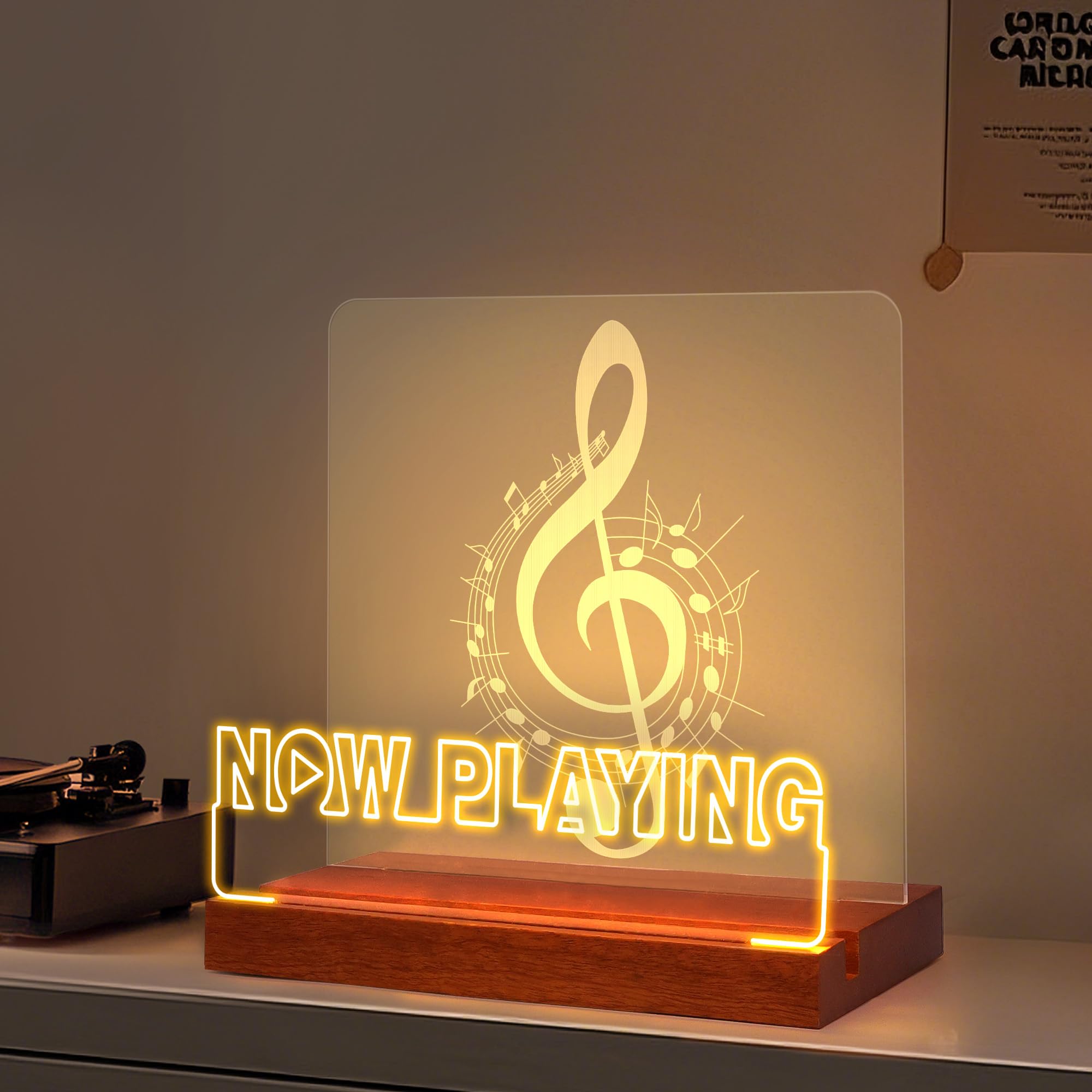 OkiyiD Now Playing Vinyl Record Stand, Light Up Record Holder Stand Display Decor, LED Wooden Base with Soft Warm White Lights,Vinyl Album Storage