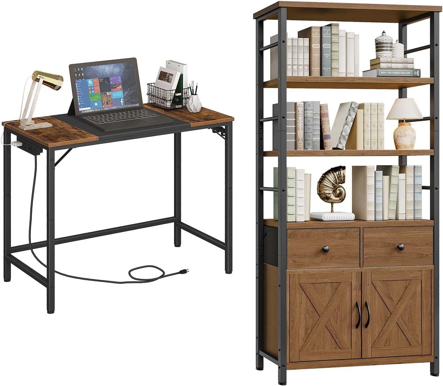HOOBRO Computer Desk and 5-Tier Bookshelf Bundle, Home Office Desk with Power Outlet, Tall Bookcase with Doors Storage & Drawers, Home Office, Farmhouse Display Rack, BF40UDN01-BH75SJ01