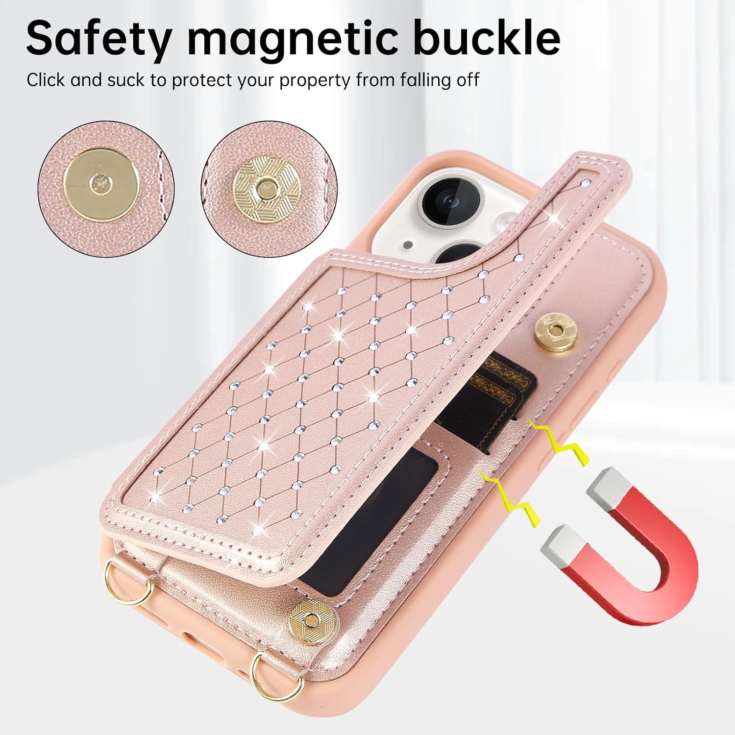 for iPhone 13/iPhone 14 Wallet Case with Card Holder Slots and Strap, RFID Blocking Magnetic Flip Folio Cover, Crossbody Purse Protection Case with Kickstand,Rose Gold Diamond - Image 7