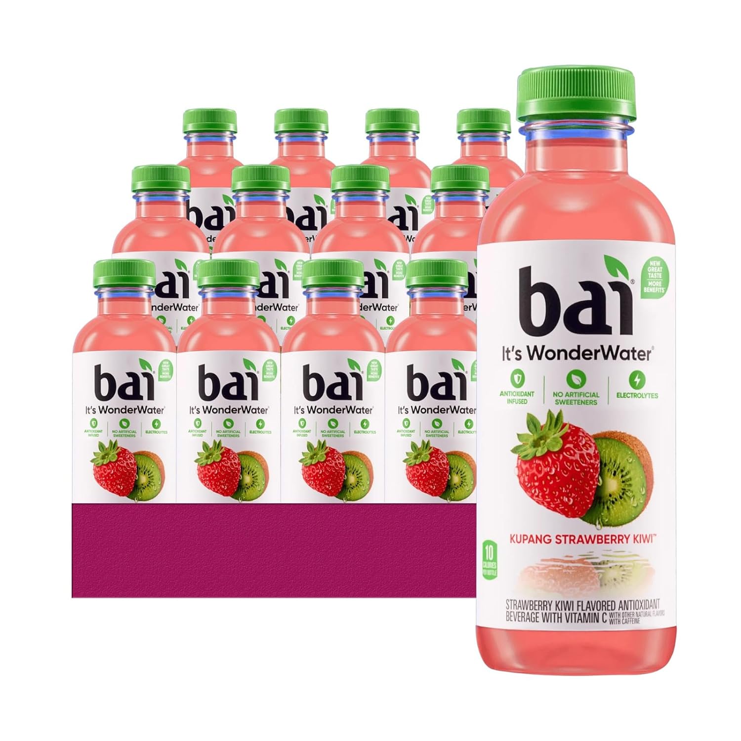 Bai 12-Pack of Strawberry + Kiwi Antioxidant Infused Drink 18 fl oz Plastic Bottle + 25 Sugarcane Food Grade Disposable Straws by Unique Outlet Brand