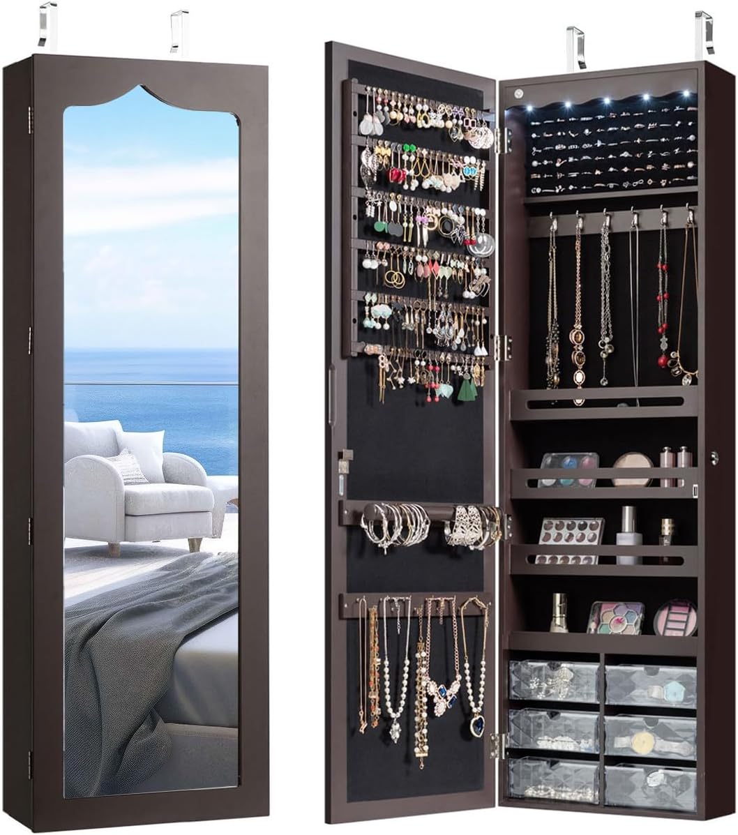 CHARMAID Jewelry Cabinet Armoire, Wall Mount Door Hanging, Lockable Jewelry Organizer with 47.5'' Full Length Mirror, 5 Lights, Large Jewelry Storage Box with 6 Acrylic Drawers (Brown)
