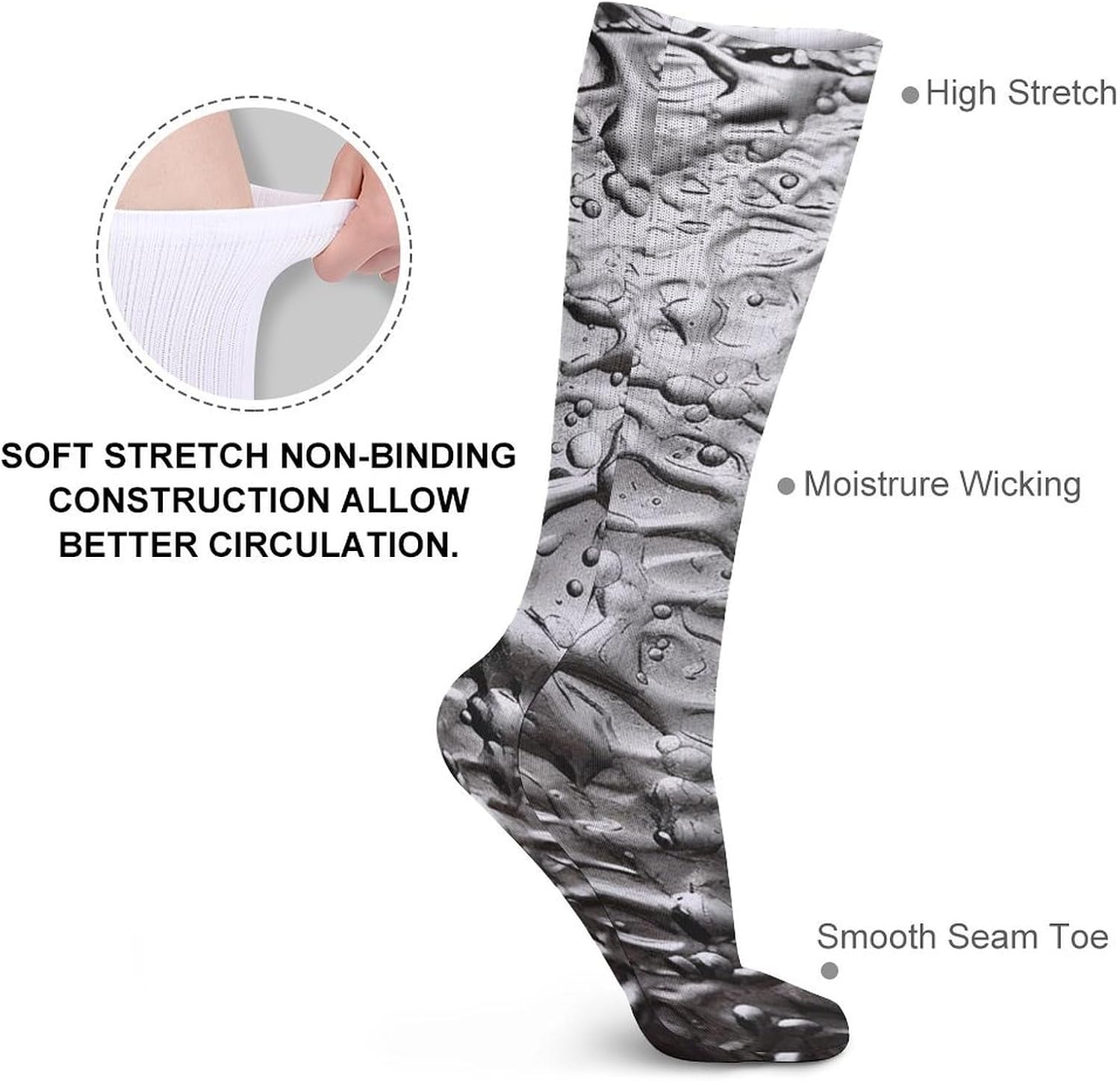 Breathable Crew Sock, Moisture Wicking, Athletic Calf Socks, Cozy | Silver Texture Compression Socks for Women Men, Lightweight High Work Socks for Business, Casual