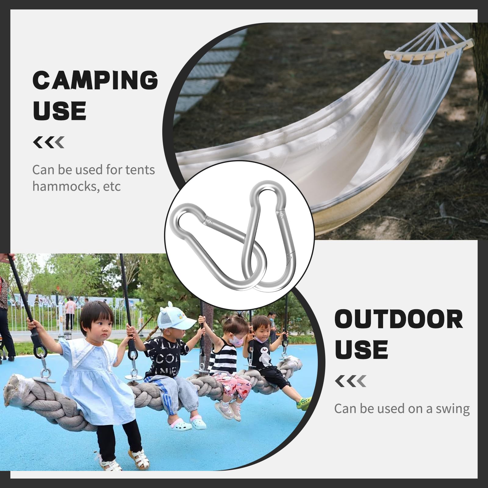 Paquete de 50 mosquetones M8 de acero inoxidable galvanizado de 3 pulgadas, resistentes, ganchos de seguridad rápidos, clips de resorte de escalada para columpio, hamaca, camping o llavero