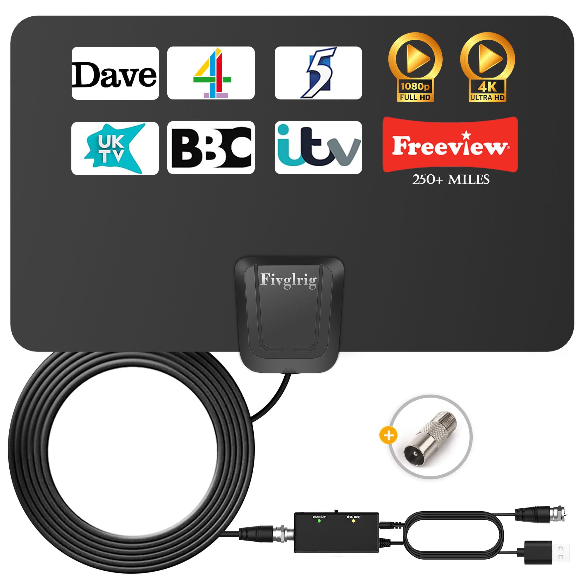 Digital TV Aerial Indoor - 250+ Miles Long Range - Amplified HD TV Antenna for Freeview & 4K Local Channels with Booster & 16.4 ft Coax Cable