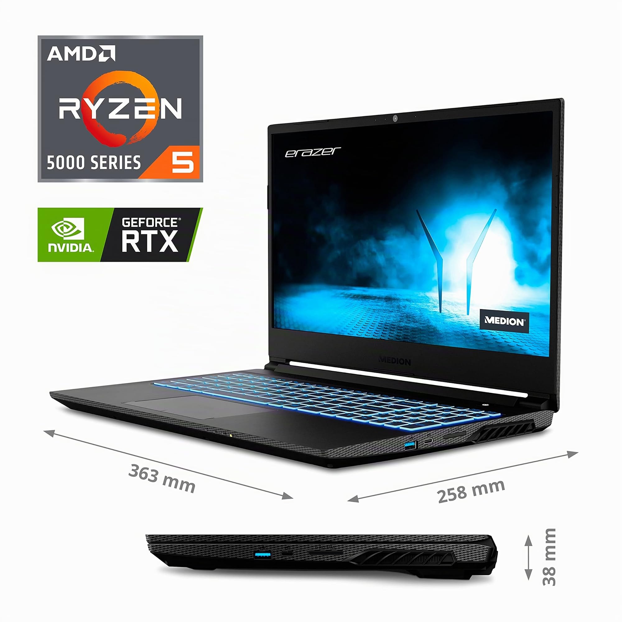 MEDION ERAZER Crawler E25 39,6 cm (15,6 Zoll) Full HD Gaming Notebook (AMD Ryzen 5 5600H, 16GB DDR4 RAM, 512GB PCIe SSD, NVIDIA GeForce RTX 3050 4GB GDDR6, RGB Backlit, Win 11 Home)