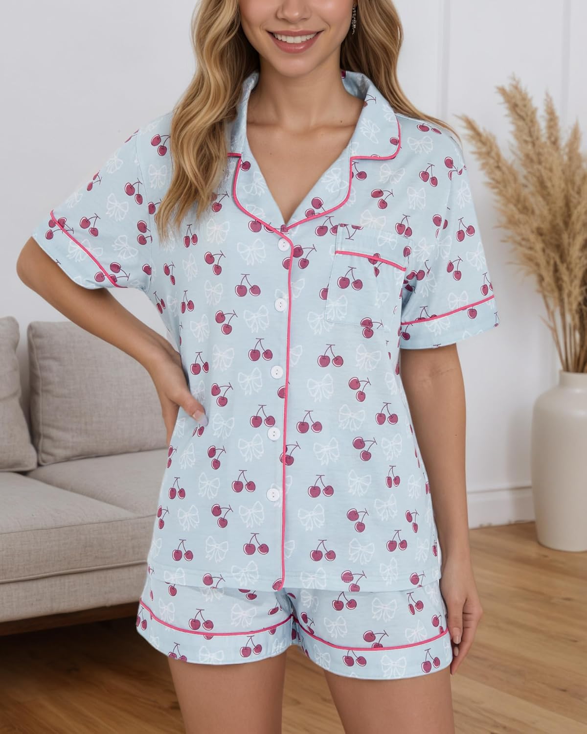 Women Y2k Pajamas Set Cute Preppy 2PCS Button Down Holiday Monkey Shorts Summer Outfit Beach Vacation Loungewear Pjs Sleepover Party Birthday Gift(Blue Cherry, X-Large) - Image 2