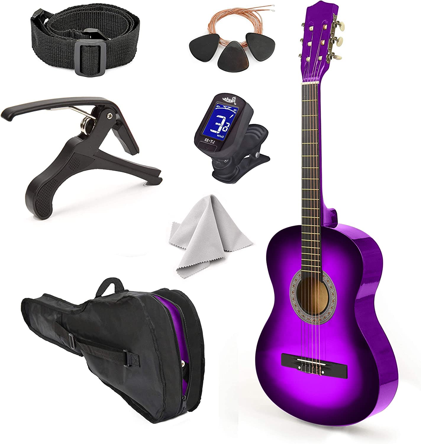 30" left handed wood guitar with case and accessories for kids/girls/boys/teens/beginners (purple gradient)