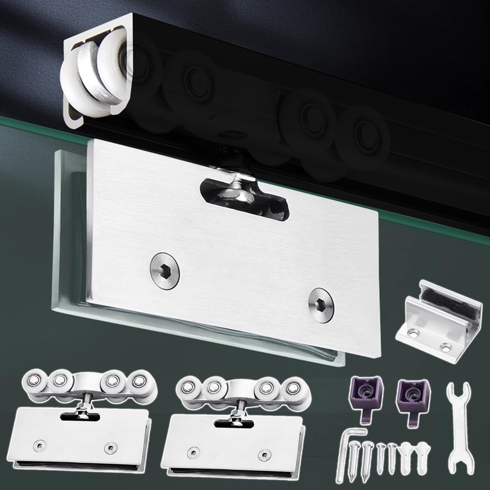 YDHSIKK Glass Sliding Door Track, Glass Sliding Door Hardware Kit Stainless Steel Roller Multicolor 50-400cm 154lbs Load(Black,260cm/102.4in)