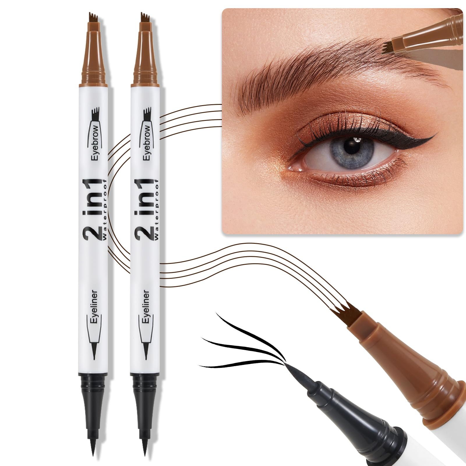 Erinde 2PCS Waterproof Microblading Eyebrow Pen, 4 Fork Tip 3D Eyebrow Contouring Tattoo Pencil, 2-in-1 Dual-Ended Eyebrow Tint Eyeliner, Last All-Day, Create Natural-Looking Brows, Light Brown