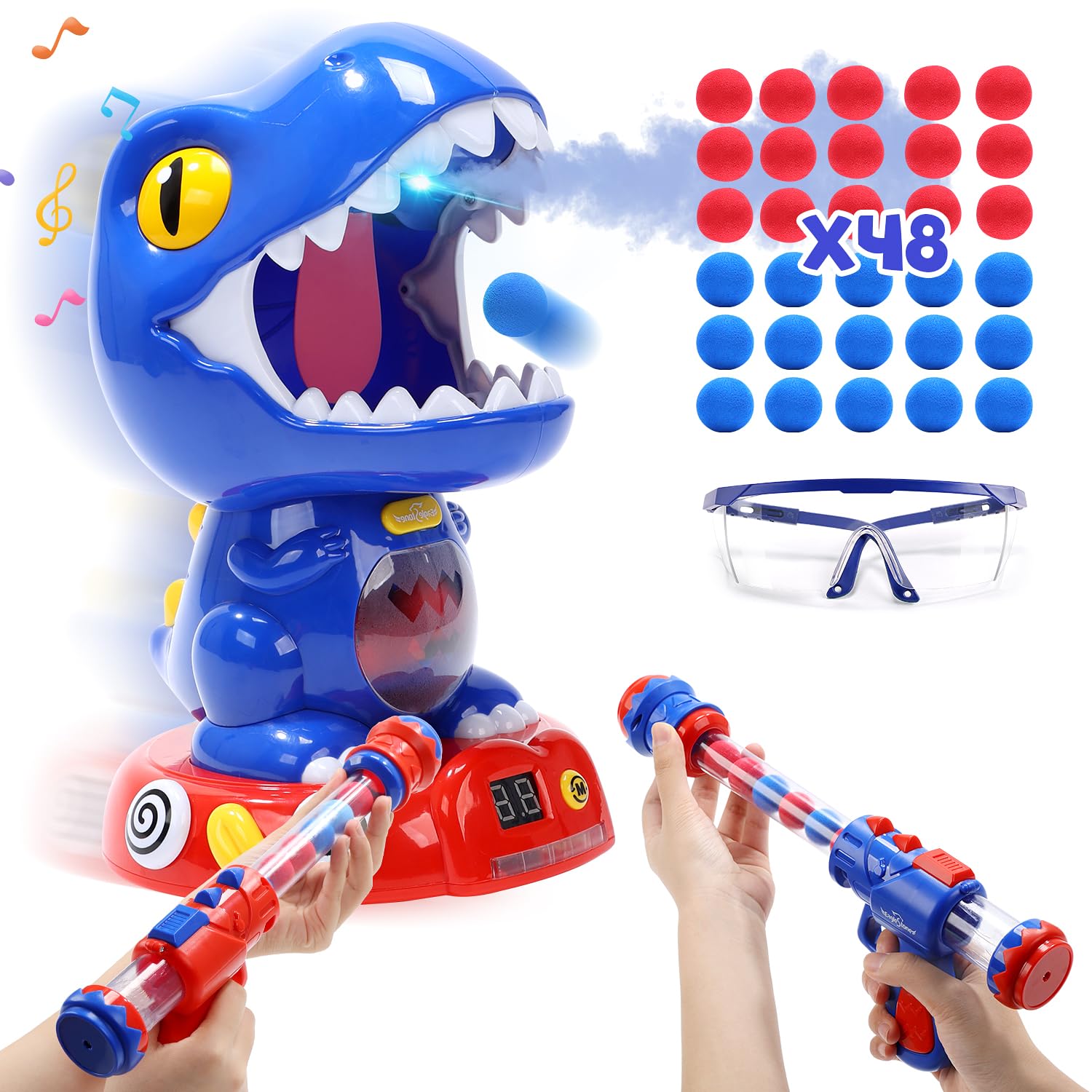 EagleStone Movable Dinosaur Toys for Kids 6-12, Spaying & Auto Scoring, Dino Shooting Target Game with 2 Pump Guns, 48 Foam Balls, Sound, Fun Gift for Boys & Girls, Party Favor
