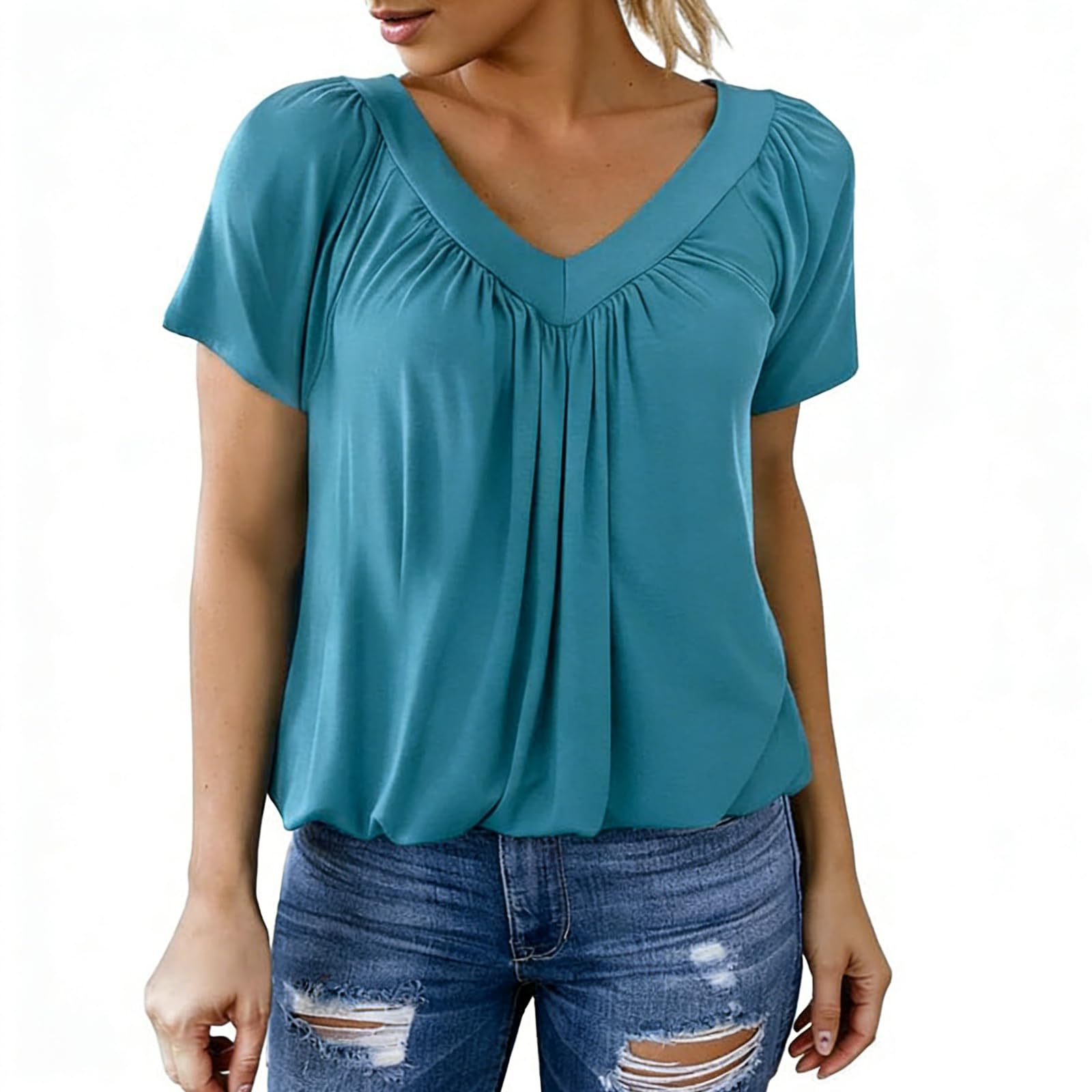 Shirts Damen Sommer T Shirt Damen Tops Tshirt mit V Ausschnitt Kurzärmeliges Casual Lockere Sommer T Shirts Bluse (DE/NL/SE/PL, Alphanumerisch, S, Regular, Regular, Grün)