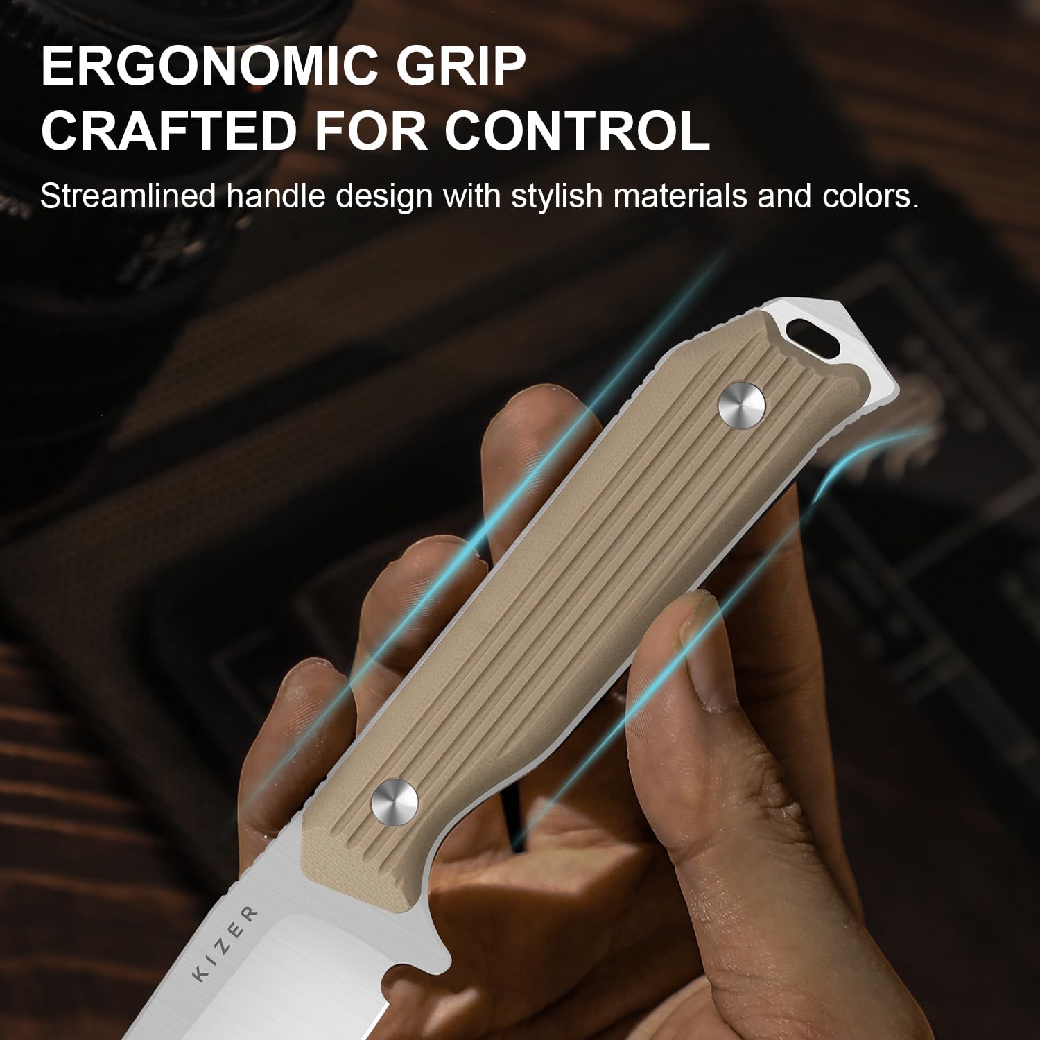 Kizer Begleiter Fix Couteau à Lame Fixe, Lame Sheepsfoot AEB-L de 3,75 pouces, Couteaux de EDC avec Étui Kydex, Manche G10 Marron, Couteau EDC pour Camping, Randonnée et Survie 1045MS2