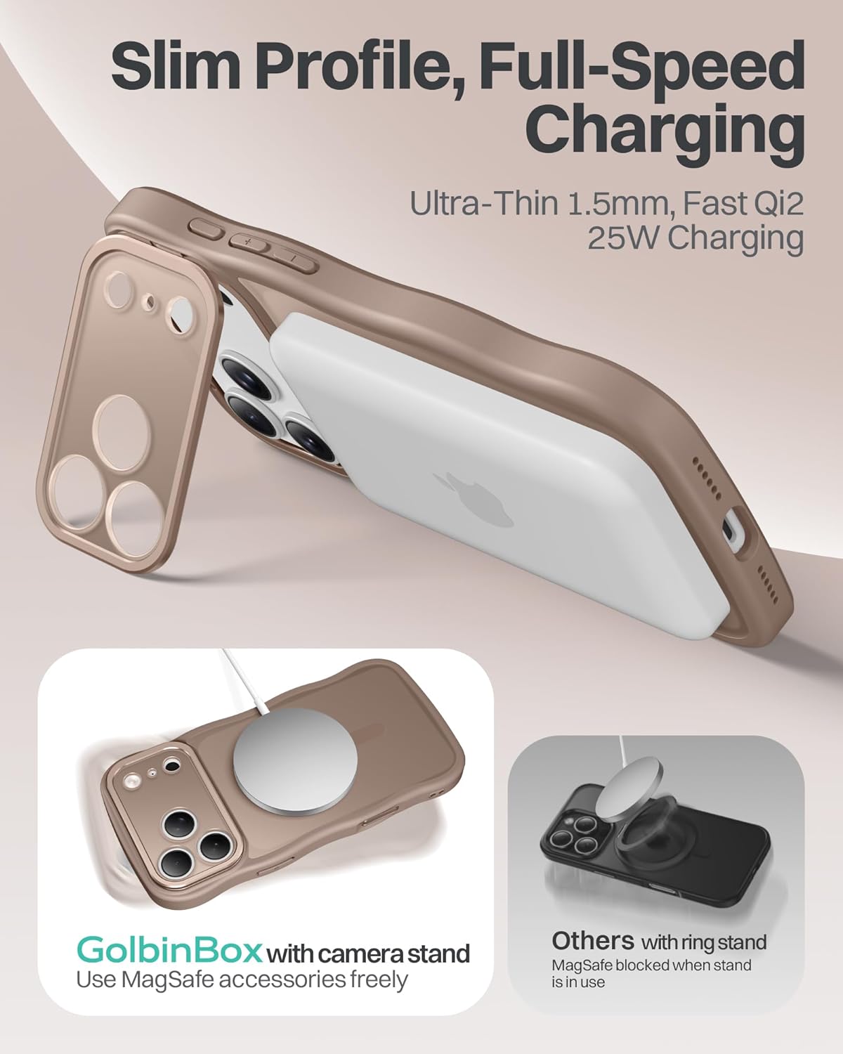 GolbinBox for iPhone 17 Pro Max Case with Stash Stand, Compatible with MagSafe, [Full Camera Protection] [Military Drop Protection] Scratch-Resistant Back Cover, Wave Matte Phone Cover, 6.9", Brown