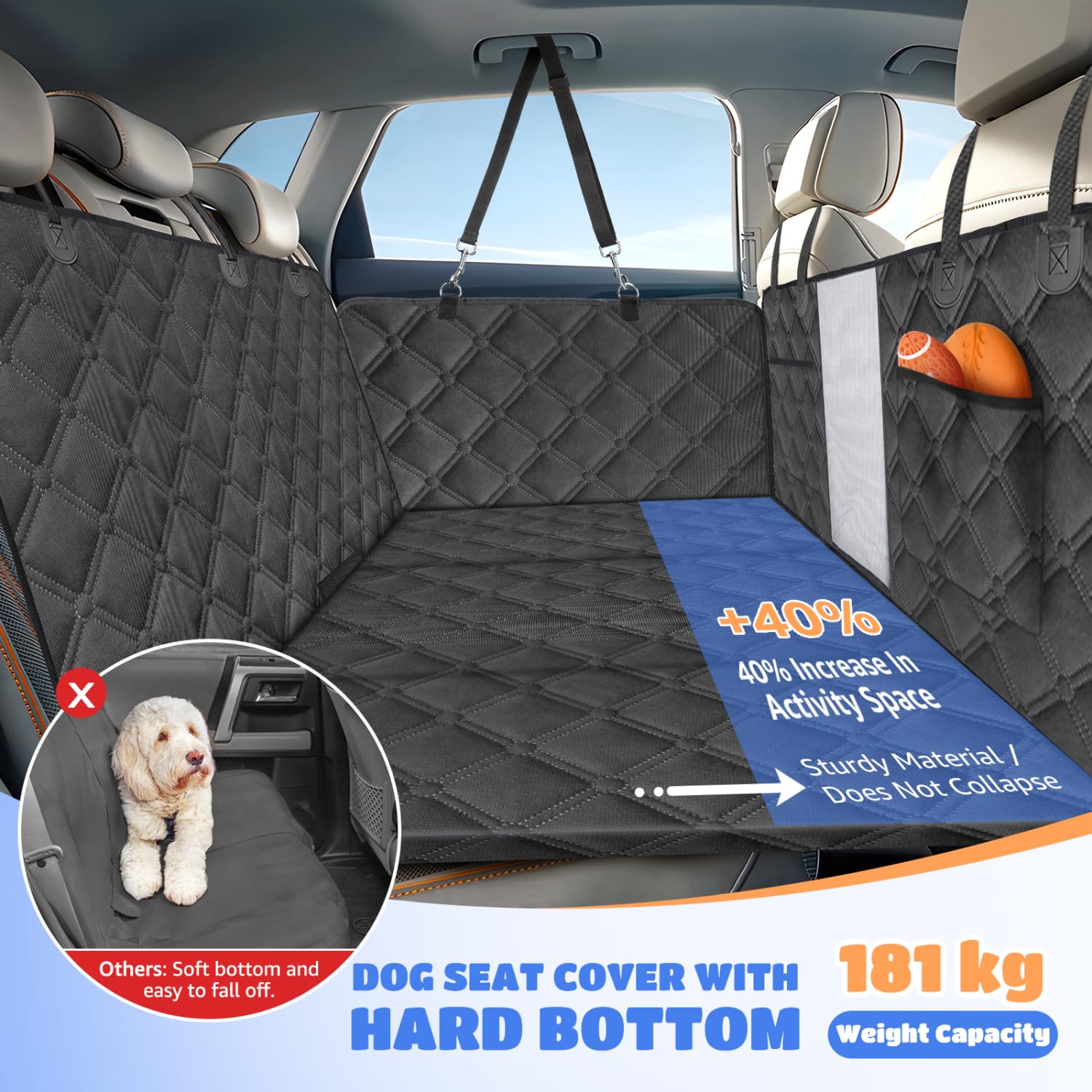 Nobleza - Extensor Asiento Perro 164x131cm con Parte Inferior Dura Removable, Funda Coche Perro Impermeable con Ventana Malla, 2 Bolsillos Grandes, Hamaca Coche, Negro