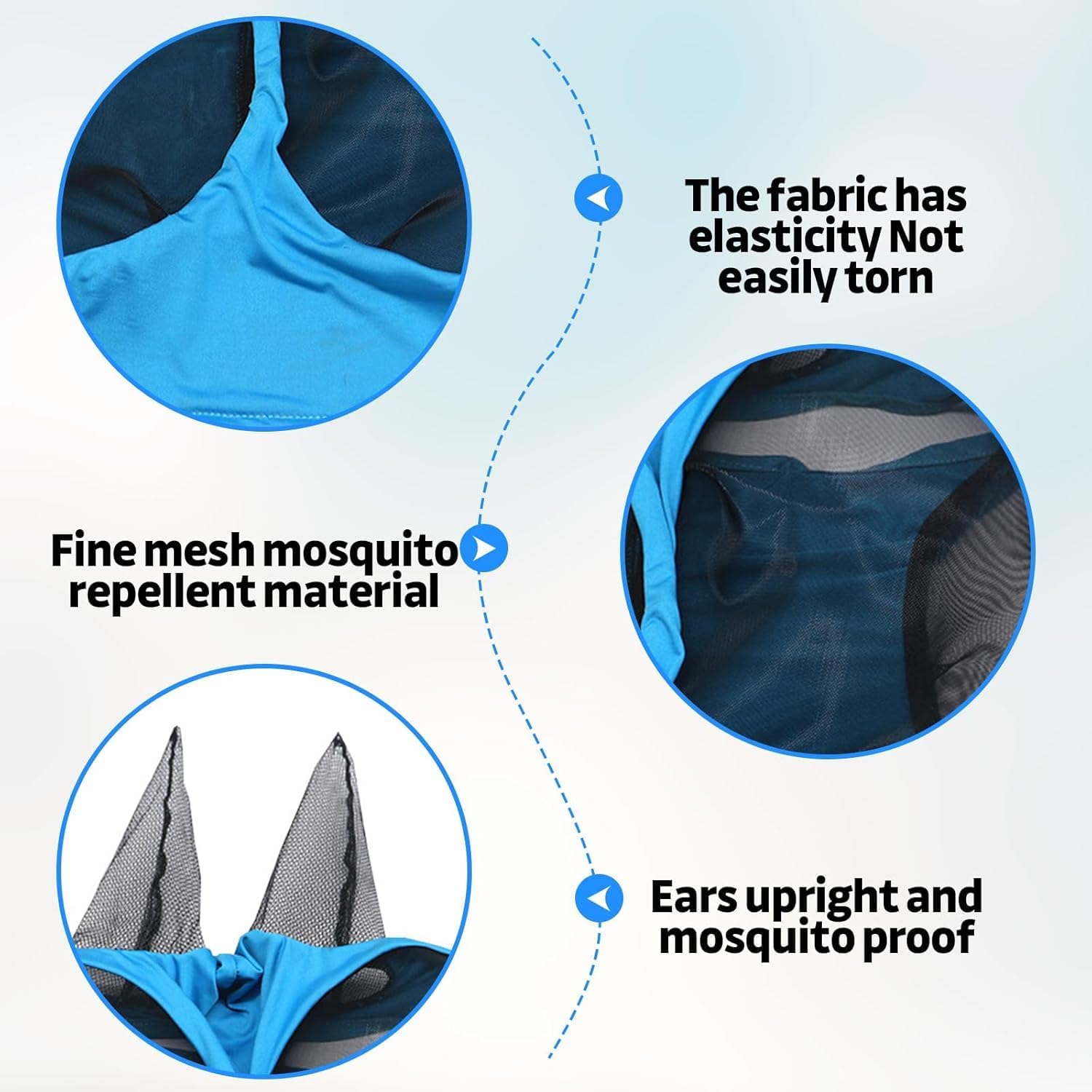 Máscara de Mosca Azul para Caballos con Orejas, Protección UV y Moscas, Malla Transpirable