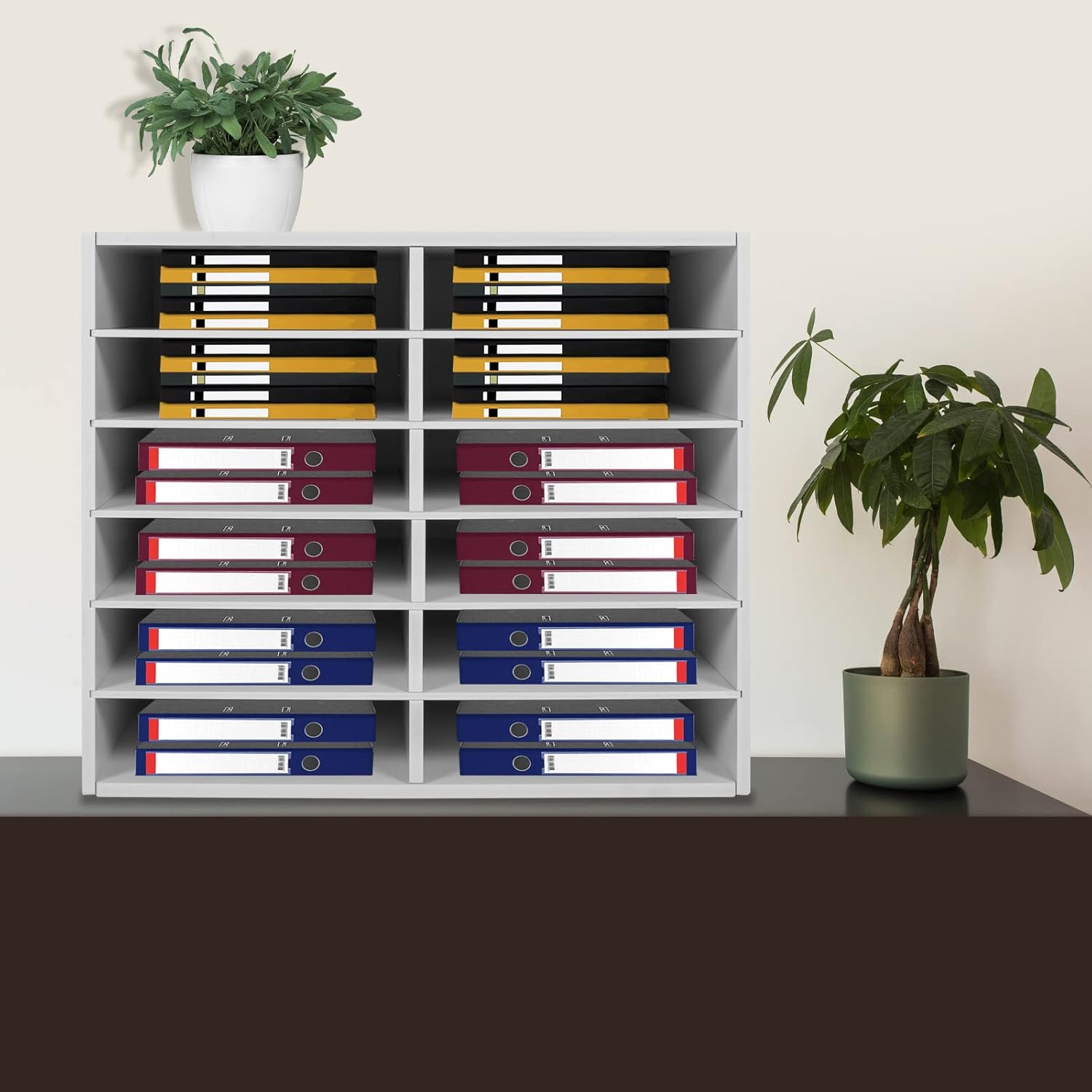 Desktop Literature Organizer with 12 Compartments, Adjustable File Sorter Mail Center Magazine Holder Paper Storage Cabinet Classroom Keepers for Office, 19.3 * 12 * 16inch (White)