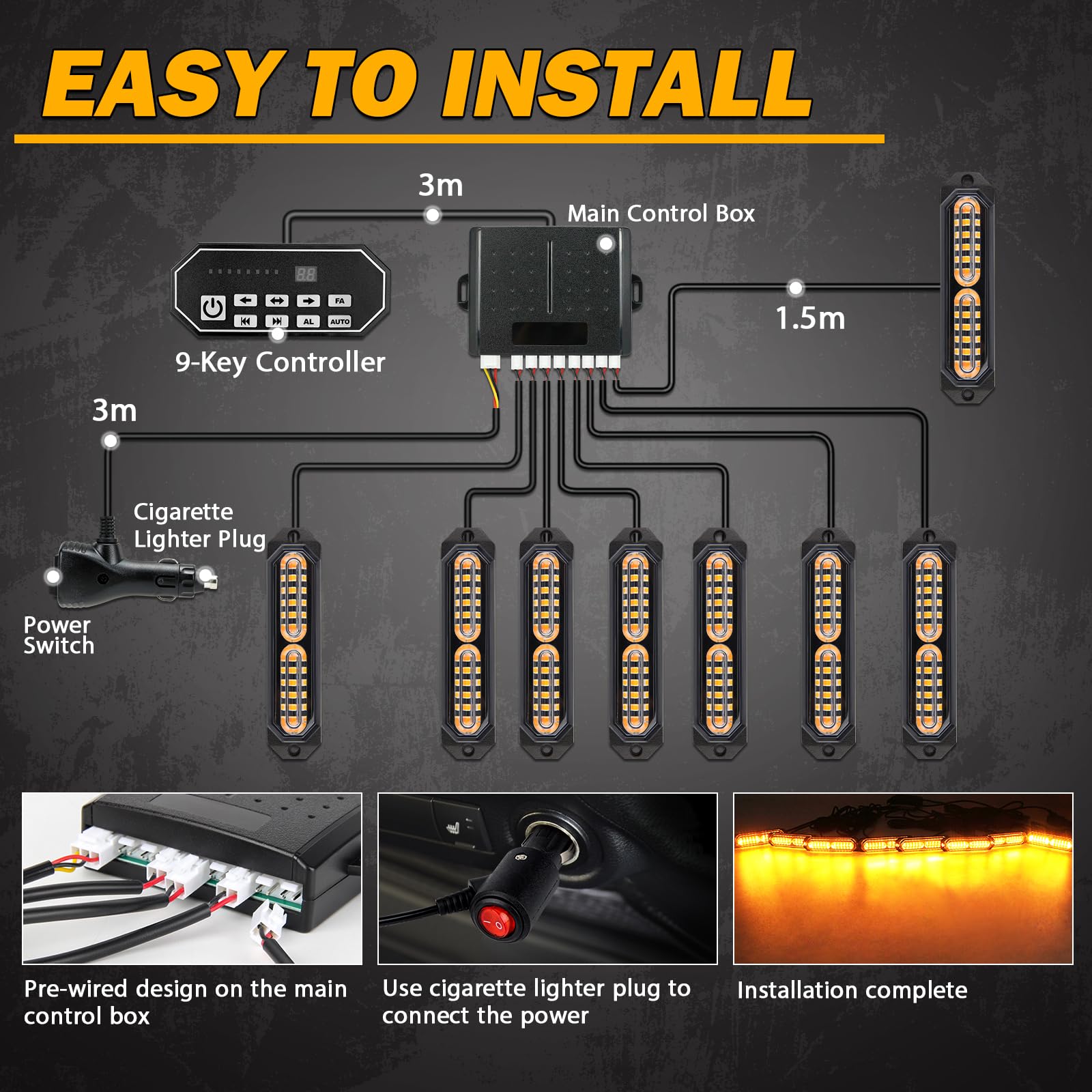 Luces estroboscópicas LED ámbar, 8 luces de advertencia de emergencia con controlador estroboscópico de 9 teclas para camiones, camionetas, cuatrimotos