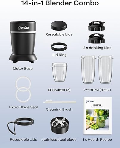 Miniatura 9 de Ganiza Licuadora para batidos, 14 licuadoras de batidos para cocina, licuadoras portátiles de máximo 1300 W para batidos, triturar hielo y más con 2