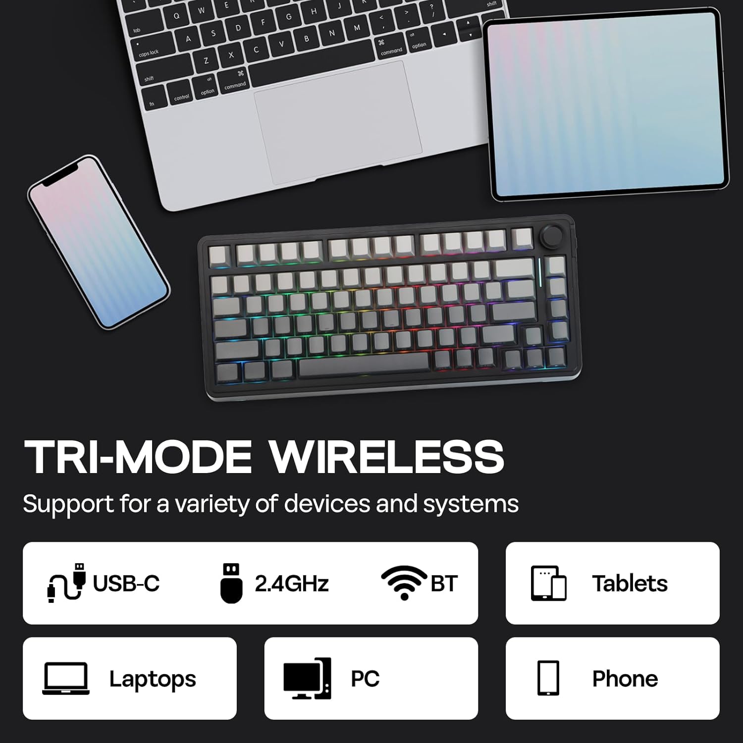 EPOMAKER EA75 75% RGB Gaming Mechanical Keyboard, 2.4GHz/Type-C/BT Creamy Wireless Keyboard with Knob, Shine Through PBT Keycaps, Hot Swappable for Gamers (Black Gradient, Reaper Switch)