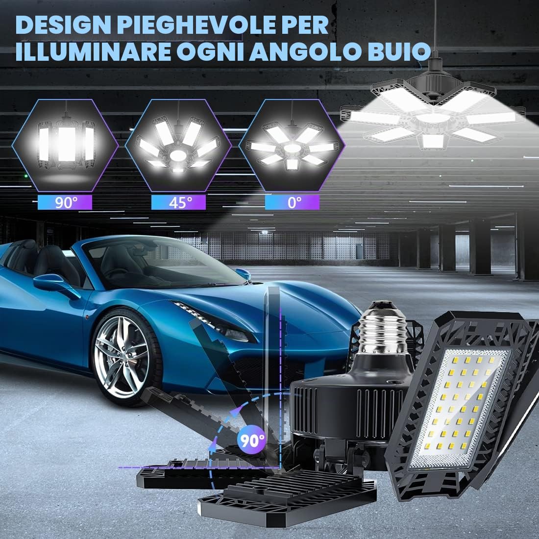 YIQIBRO Plafoniera LED Garage 200W 2 Pezzi, 20000LM 6500K Lampada da Garage Deformabile con 7+1 Pannelli Regolabili, E27/E26 Officina Plafoniera LED per Magazzino Ufficio Cantina Cucina Negozio