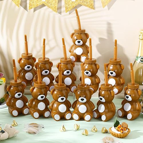 Miniatura 4 de Maxdot 12 piezas de regalos de fiesta de cumpleaños para baby shower, tazas de oso con pajitas, taza de plástico con forma de oso de 10 onzas, vasos